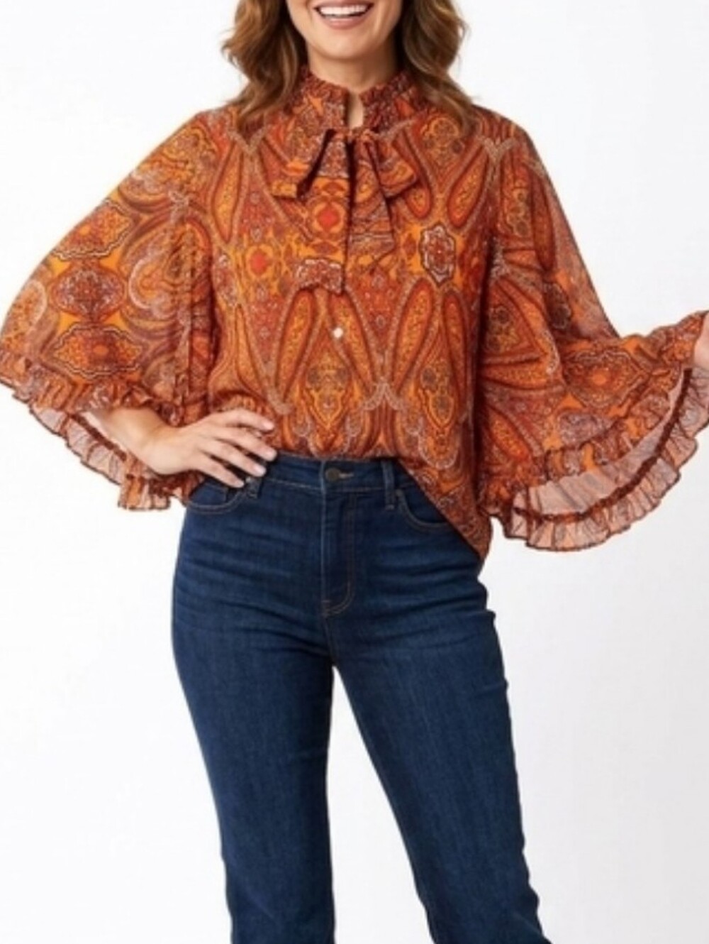 Boho Paisley Ruffle Blouse Orange Printed Chic Top Size L